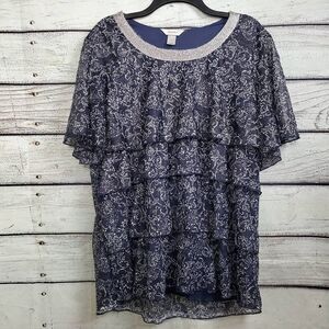Cj Banks 2X Navy Floral Ruffle Tiered Blouse Top
